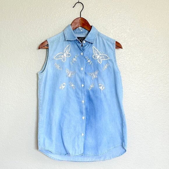 Vintage Solutions Distressed Butterfly Embroidered Sleeveless Denim Shirt Size M - Picture 5 of 11